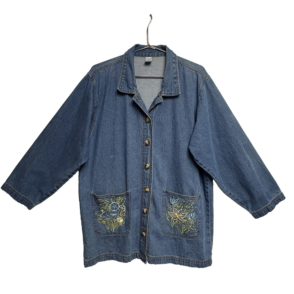 Vintage Lightweight Denim Floral Embroidered Shacket Jacket - Size L